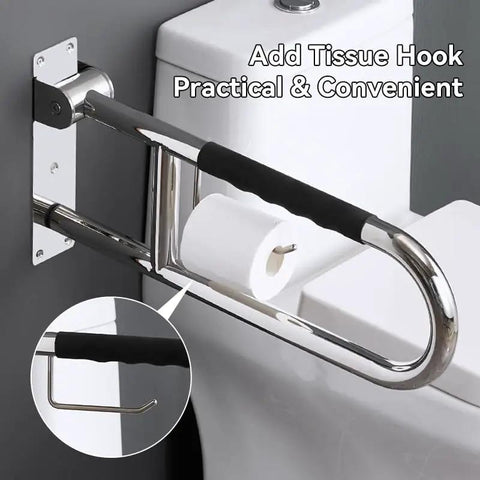 Solid 23.6 Inch Flip Up Toilet Grab Bar With Hella Secure Soft Silicone Anti Slip Grip And Built In Roll Holder on wall by toilet.