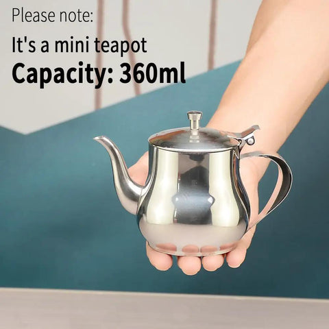 Mini 360Ml Stainless Steel Teapot For Tea And More in hand, ultra compact size, shiny finish, easy pour spout, sleek look