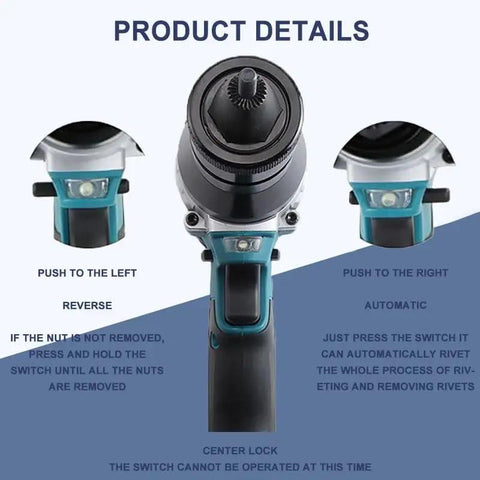 Close-up of Heavy Duty Plug And Play Cordless Electric Rivet Gun Set With Dual Speed Control showing details of operation buttons.