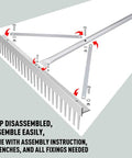 Disassembled landscape rake with aluminum head and 68 inch handle, 24 inch width with 24 tines, ideal for smoothing gravel and lawns.