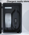 Built Like A Tank EV Charger Pedestal Featuring Drip Proof Galvanized Steel Housing Secure Combo Lock For Freestanding Outdoor Charging Station Stand With No Fuss Cable Setup showing chargers neatly stored in a cabinet.