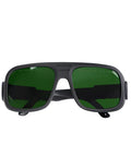 Straight Up Heavy Duty Laser Safety Glasses For Welding With German Bayer Frame And OD8Plus Anti Glare Lens front view with dark green lenses.