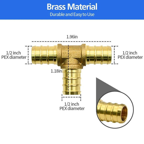 30 Piece Half Inch PEX Brass Crimp Fittings Set With Tees Elbows Couplings Straights For Hot Water And Cold Water Plumbing Systems Durable Corrosion Resistant Brass Build Quality Perfect For DIY Home Renovations And Professional Plumbing Projects showing a brass tee fitting with dimensions