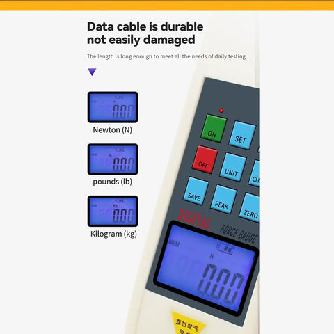 Heavy Duty Digital Force Gauge 50000N Push Pull Tester Dynamometer display showing Newton, pounds, and kilogram readings.
