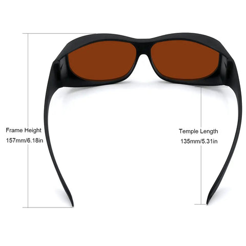 Tough as Nails Laser Safety Glasses with OD 6 Plus Shielding, 157mm height, 135mm temple length, black frame design.