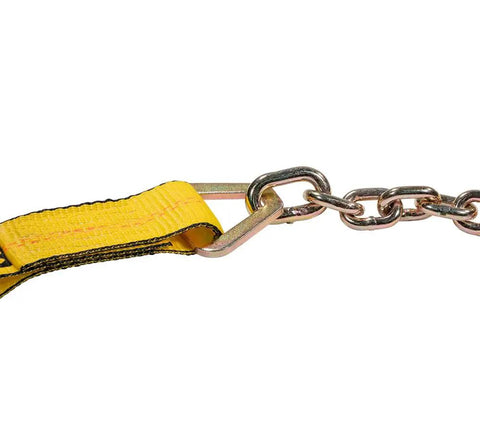 4 Pack 2x10 Inch Heavy Duty Wheel Tie Down Straps With Double Ratchets And Chain Anchors 3300 Lbs Working Load Limit durable yellow polyester strap and metal chain connection.