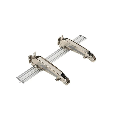 Heavy Duty Lateral Opening Door Hinge Set With Built Tough Side Mount Brackets For Knockout Cabinet And Gate Swing Quick Setup Professional Grade Hardware, displayed from above showing metallic hinges and sliding rail.