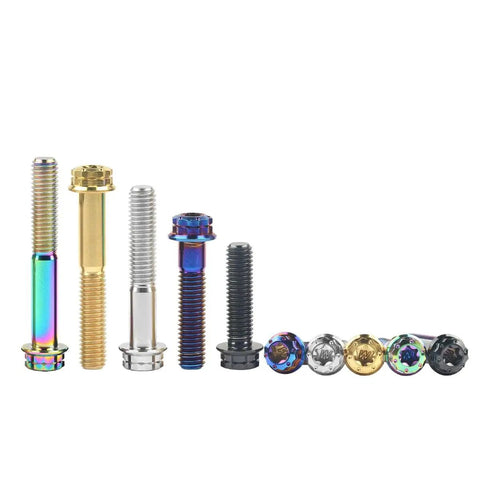 Premium Titanium Flange Bolts Torx Drive M10 X 60mm Motorcycle Hardware beefy fasteners in various colors and finishes.