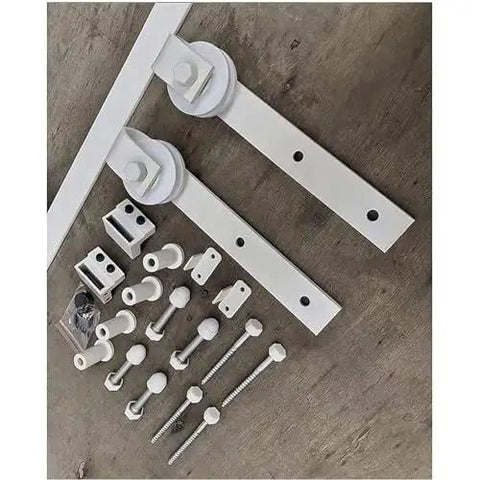 Heavy Duty Double Bypass Sliding Barn Door Hardware Kit With Low Profile Flat Track System components in white, showcasing brackets and screws.