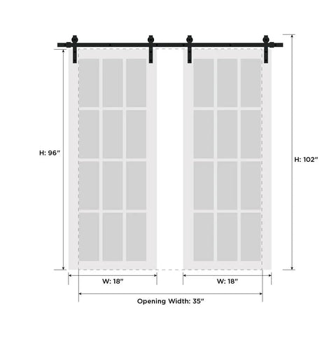 Sliding Double Barn Doors With Frosted Glass Panels And Super Sleek Silver Track Hardware Kit For A Tight Glide To Kick Up Any Space 18 X 96 Inch White Interior Wall Divider with dimensions shown.
