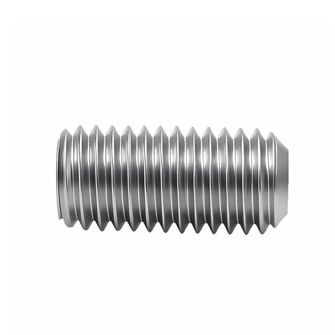 Stainless steel hex-socket grub screw, flat point, fine thread, M14x1.5x30mm, side view.