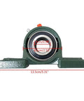 Front view of green metal bearing housing with dimensions; component of Rear Axle Direct Replacement Rubber Track Kit For Go Karts, Buggies, ATVs, Snowmobiles And Beach Motorcycles Triple Wheel Track System, Heavy Duty Safety Brake Disc, All Terrain Performance For Gas Powered Rides.