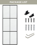 Package list for Heavy Duty Three Panel Sliding Barn Door With Crisp Tempered Glass And Dark Aluminum Frame, including screws and clips.
