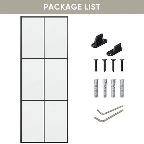 Package list for Heavy Duty Three Panel Sliding Barn Door With Crisp Tempered Glass And Dark Aluminum Frame, including screws and clips.