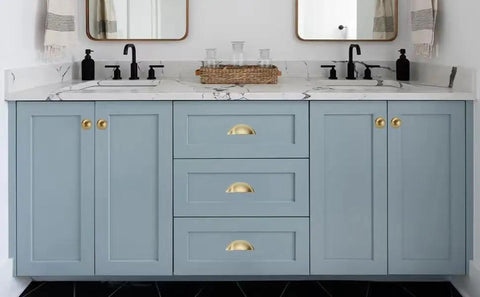 10 Pack 3 Inch Four Center Gold Drawer Pulls With Brushed Brass Cup Handles For Kitchen Cabinets Top Notch Zinc Alloy Hardware on blue cabinet.