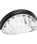 Premium 5 Pack Flat Black Glass Cup Pulls With Clear Crystal Handles For Kitchen And Bathroom Cabinets Modern Farmhouse Decor 3 Inch Hole Centers close-up view of sleek cup pull