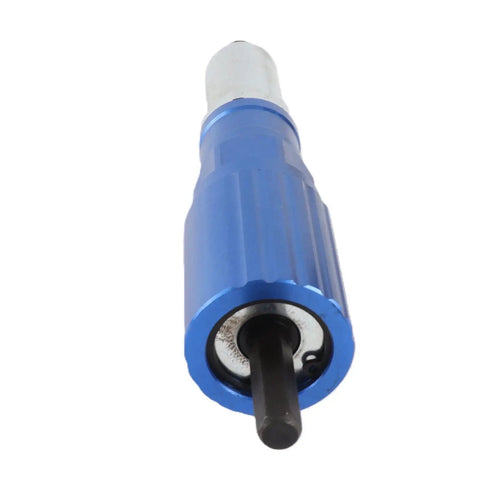 Heavy Duty Cordless Rivet Gun Adapter For Drills With Four Piece Aluminum Rivet Nut Kit, blue tool head detail.
