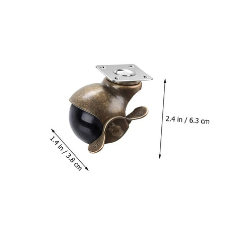 Heavy Duty Universal Cabinet Casters 4 Pack With 2 Inch Vintage Brass Finish Smooth Rolling Furniture Wheels shown in close-up view, measuring 2.4 inches.
