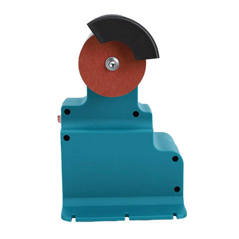Kickass Cordless Bench Grinder Featuring Dual Coarse And Fine Wheels for metal polishing, showing teal body and coarse wheel.