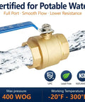 Rock Solid Full Port Brass Ball Valve Three Inch Model featuring water flow, brass body, and lead-free certification for potable use.