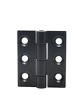 Front view of black JL715 adjustable torque position control hinge with six mounting holes per plate