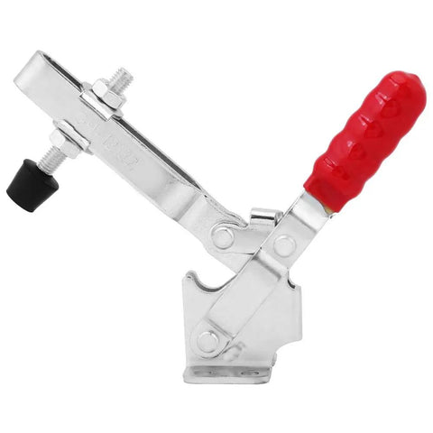 Vertical Toggle Clamp 500 Lbs Holding Power With Arrow Storage Case, Galvanized Hand Tool For Woodworking Jigs Fixtures Welding Drill Press And Crosscut Sled Setups, silver vertical clamp with red handle