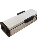 Built Tough Fully Enclosed Sliding Table With 70Mm Ball Screw Guide And Dust Cover For Cnc Xyz Shafts Running Smooth Over Six Hundred Mm Of Travel With 57 Stepper Motor, shown from the side.