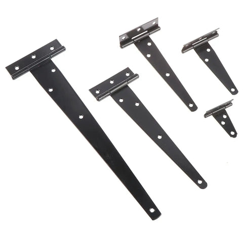 Black Painted T Shape Triangle Cabinet Hinges With Soft Close Dampers in various sizes for doors, gates, and sheds.