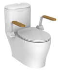 Heavy Duty Toilet Safety Rail For Seniors Featuring Slick Flip Up Wooden Armrest With Non Slip Grip And Rust Resistant Finish For Zero Sweat Bathroom Setup And Super Reliable Daily Support, view with oak armrests.
