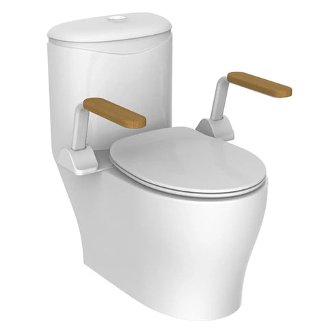 Heavy Duty Toilet Safety Rail For Seniors Featuring Slick Flip Up Wooden Armrest With Non Slip Grip And Rust Resistant Finish For Zero Sweat Bathroom Setup And Super Reliable Daily Support, view with oak armrests.