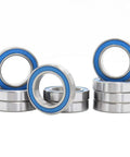 10 Pack Workhorse Chrome Steel 6802RS Ball Bearings 15x24x5mm Double Sealed on display with a silver finish and blue seals.