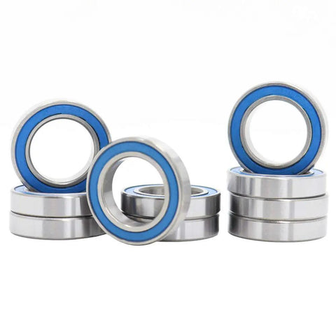 10 Pack Workhorse Chrome Steel 6802RS Ball Bearings 15x24x5mm Double Sealed on display with a silver finish and blue seals.