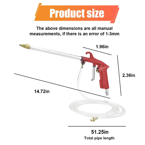 Heavy Duty Air Engine Cleaning Spray Gun With 4Ft Hose High Pressure Pneumatic Sprayer shown with product dimensions