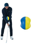 Golf Training Ball Clips Between Your Arms To Sync Arm And Body Motion, Improve Impact Accuracy, Fix Slices Scooping And Chicken Wings, Make Practice Efficient With This Easy Swing Trainer For Home Or Range. Blue yellow golf swing trainer ball between arms, golfer practicing