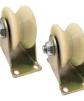 Two Pack Heavy Duty Nylon V Groove Track Wheels Easy Swap For Worn Sliding Door Rollers with sturdy metal supports.