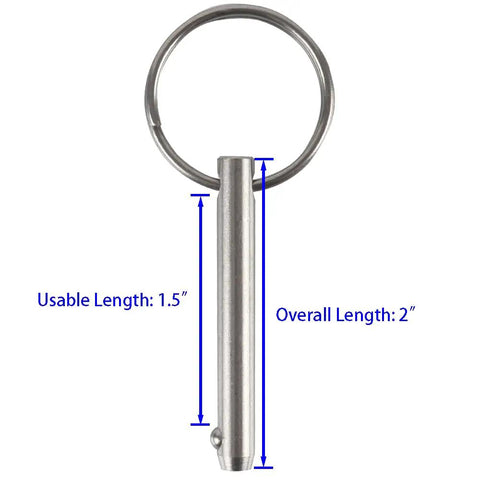 2 Pack Quick Release Pin One Quarter Inch Diameter, Overall Length Two Inches, Usable Length One And A Half Inches, Marine Grade 316 Stainless