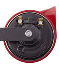 Get That Loud Two Tone Blast With This Twin Trumpet 12V Horn Kit Featuring A Sturdy Red Bracket Perfect For Custom Rigs And Daily Drivers Seeking Serious Attention, showcasing a red horn.