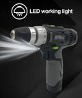 Badass Rechargeable Two-Speed Drill and Screwdriver Combo with 10mm Chuck and Reverse Toggle showing LED working light for visibility.