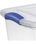 Close-up of blue latch on Twenty Seven Quart Clear Plastic Storage Container With Durable Blue Latches And Secure Recessed Lid Stackable Tote Bin.