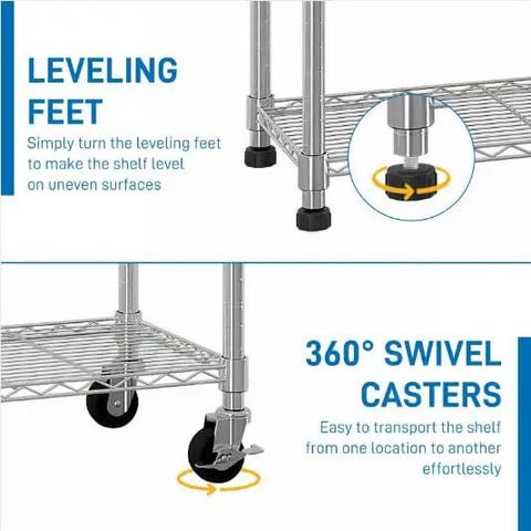 Rock Solid Six Tier Wire Shelving Rack With Wheels features leveling feet and 360° swivel casters for easy mobility and stability.