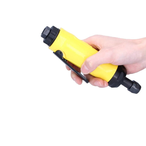 Compact Mini Angle Pneumatic Grinder Portable Air Die Grinder held in hand, showcasing yellow zinc housing and ergonomic design.