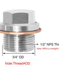 Stainless Steel Half Inch NPS Male Thread Pipe Plug With CNC Hex Head, showing dimensions and thread details for blocking water ports