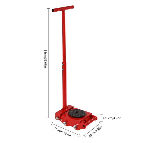 Four Piece Heavy Duty Machinery Skate Dollies Built For 13200 Lbs Loads With Sturdy PU Tires For Smooth Gear Haulin And Easy Warehouse Moves Without Breaking A Sweat On Your Shop Floor In Red - Red dolly with height measurement and wheel base.