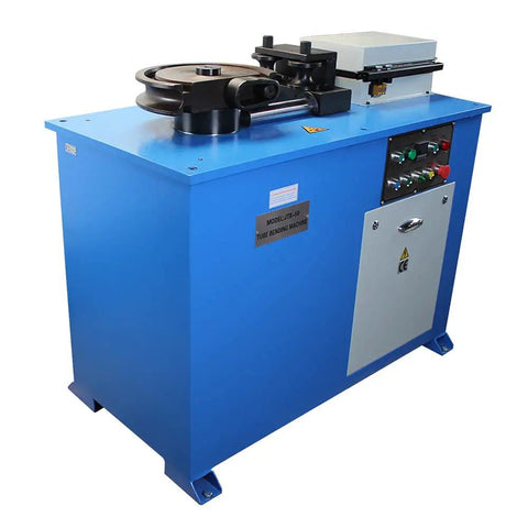 Top Shelf Fully Programmable Electric Hydraulic Tube And Pipe Bender With PLC Automation Panel 3Hp Motor, blue heavy duty machine.