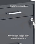Close-up of a charcoal steel lockable drawer with key for Three Drawer Vertical File Cabinet for Office Lockable and Mobile Holds Letter Size Documents Charcoal Steel Organizer 18.9 Inches Deep by 14.3 Inches Wide by 26.8 Inches High A Trusted Workhorse for Papers and Folders.