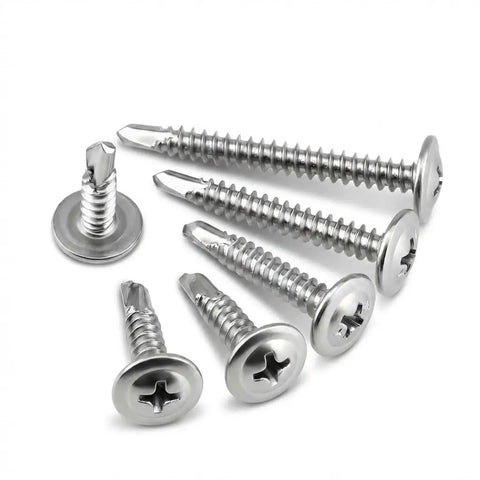 Solid As A Rock Heavy Duty Sheet Metal Screws 80 Pack 10 X 1 1/2 Inch Truss Head Phillips Drive Stainless Steel Self Drilling Fasteners placed on a white background.