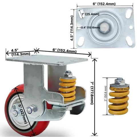 Built Tough Heavy Duty Shock Absorbing Caster Wheels Featuring Spring Loaded Design and Wear Resistant Polyurethane Treads, 6 inch size.