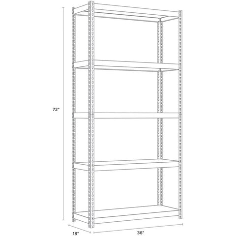 Bulletproof 3200 Lb Riveted Metal Shelving Unit 72 X 36 X 18 Inches side view with five shelves and dimensions.