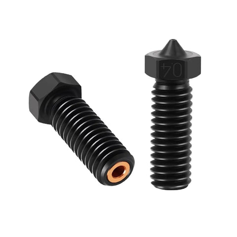 Built Tough Hardened Steel Nozzle Compatible With Volcano Printers Featuring Three Hole Mount And High Flow Setup In Zero Point Eight Mm, showcasing black nozzle with copper insert.