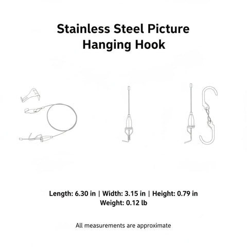 Bulletproof Stainless Steel Picture Hanging Hook For Heavy Duty Wall Mounting Rock Solid Frame Anchor keeps canvas and photos tight, 6.30 inch length.